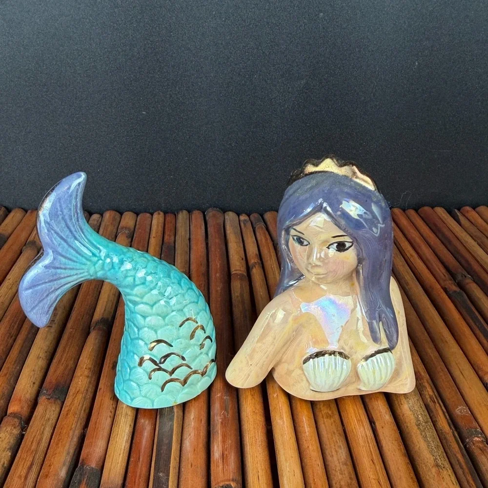 Rare‎ Lusterware Mermaid Salt and Pepper Shaker Set Tiki Bar Kitsch Beach #2006